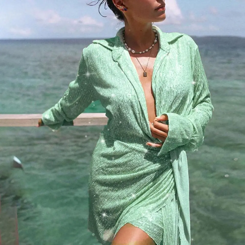 

Autumn Dress Women V-Neck Lapel Long Sleeve Shinny Sequins Shirt Dress Waist Lace-up Asymmetrical Mini Shirt Dress Streetwear