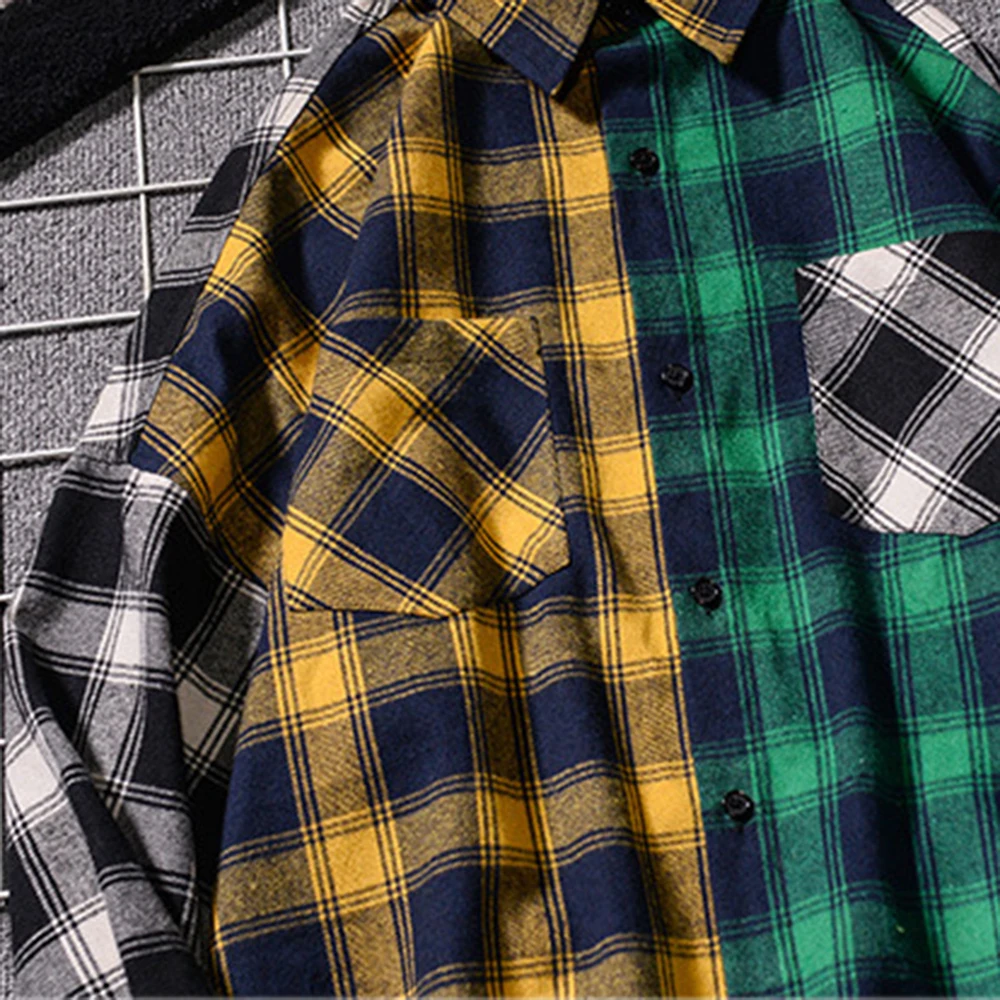 Long Sleeve Comfort Japanese Harajuku Vintage Plaid Patchwork Shirts Flannel Plaid Shirt Spring Autumn Casual Shirt Men MCL249