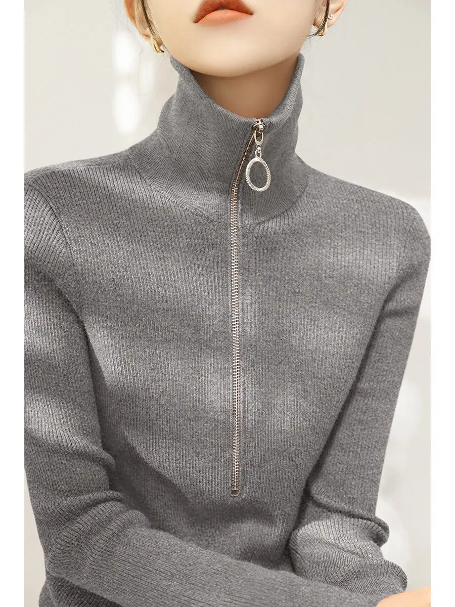 Новый весенний красный свитер с воротником-стойкой и полумолнией облегающий для