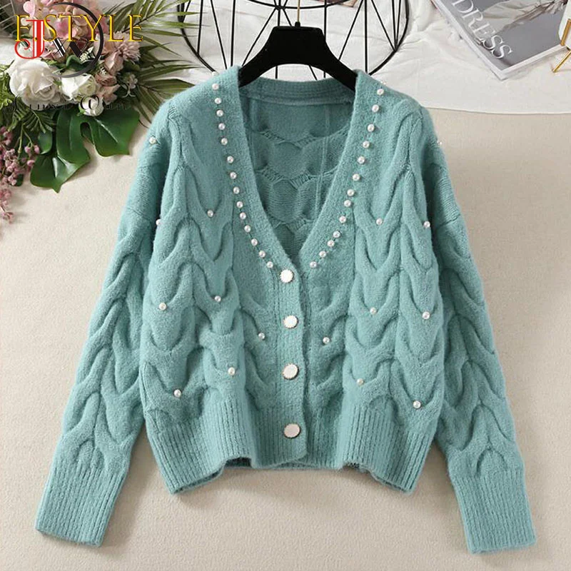 

Cardigans Women Knitted Sweater Autumn Winter Long Sleeve V Neck Jumper Fashion Sweet Beaded Cardigans Casual Streetwear Sweater