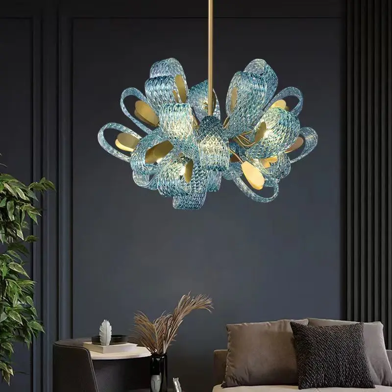 

Modern LED Art Deco Blue Peacock Leaf Copper Lamparas De Techo 2023 New Ceiling Chandelier Lustre For Living Room Staircase Lamp