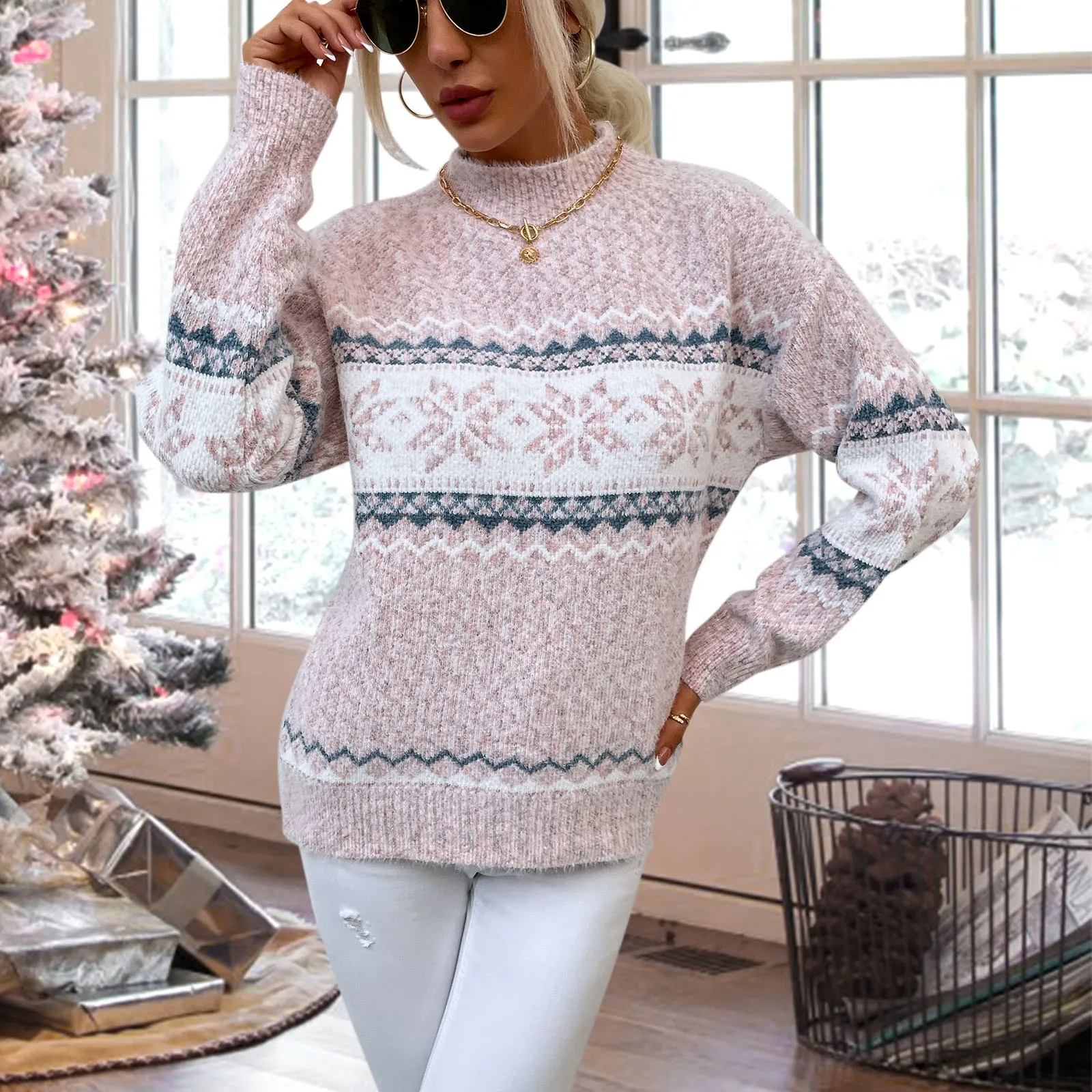 

2023 Рождественская водолазка, вязаный свободный женский свитер со снежинками, зимний модный теплый пуловер, свитеры, Повседневная шикарная универсальная одежда