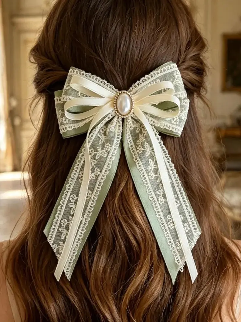 Фото Заколки для волос Lystrfac с жемчужной кружевной вышивкой и бантом для женщин и девушек, элегантные заколки для хвоста, украшения для волос №3