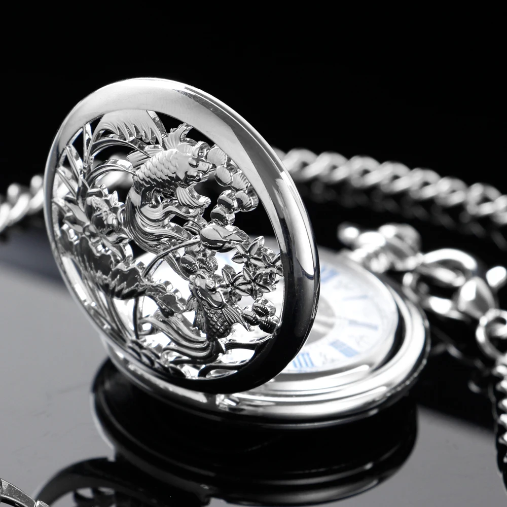 Silver Carp Hollowed-Out Design Mechanical Manual Pocket Watch Roman Digital Skull Dial Pendant Automatic Antique Clock Gift