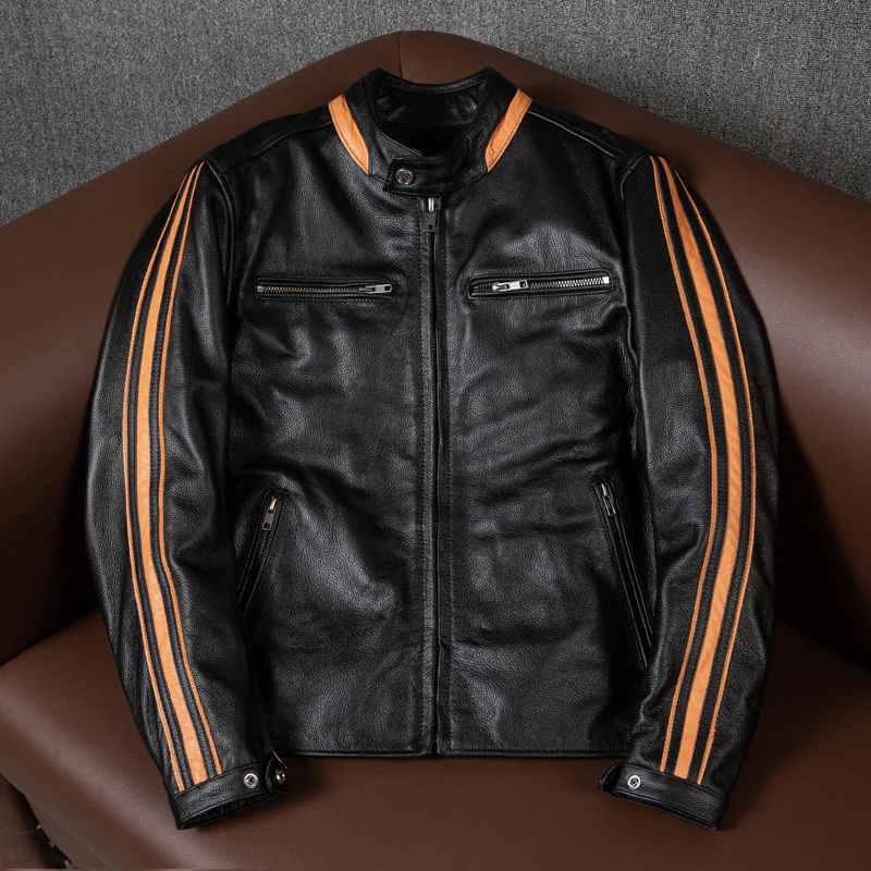 

Мужская мотоциклетная куртка из натуральной воловьей кожи, черная классическая байкерская куртка, 5XL, Весна-Осень 100%