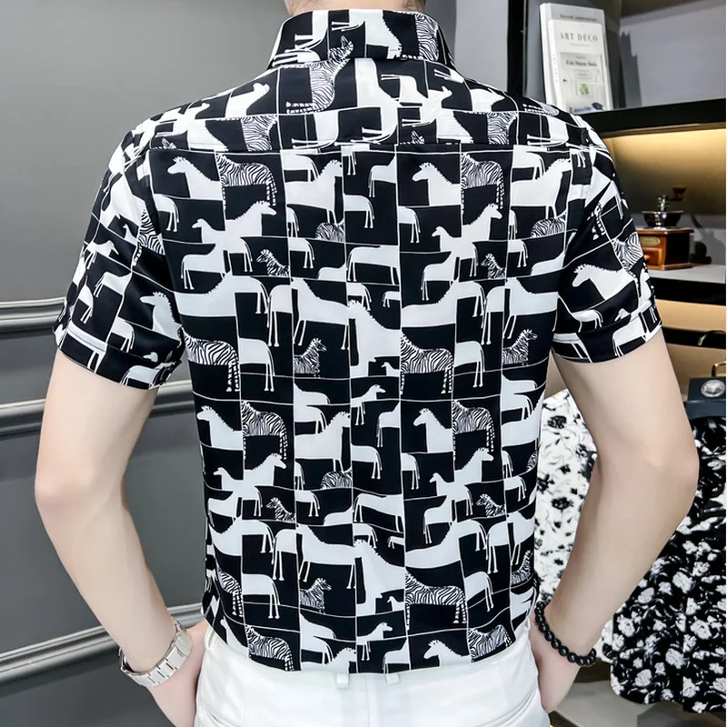 Brand Print Shirts Men Summer Short Sleeve Casual Business Formal Dress Shirt High Quality Lapel Tops Social Slim Tuxedo Blouse