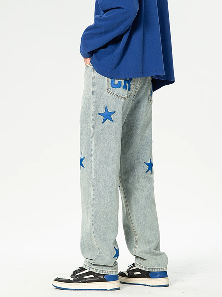 Four Seasons Men's Jeans High Street Star Pattern Embroidered Jeans Trendy Street Distressed Straight Loose Casual Pants JEANS