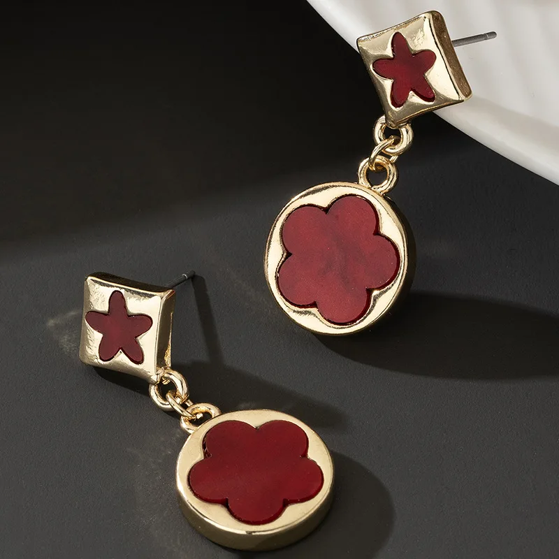 Осень-зима 2024 трендовые ромбовидные круглые серьги с двойным цветком для женщин