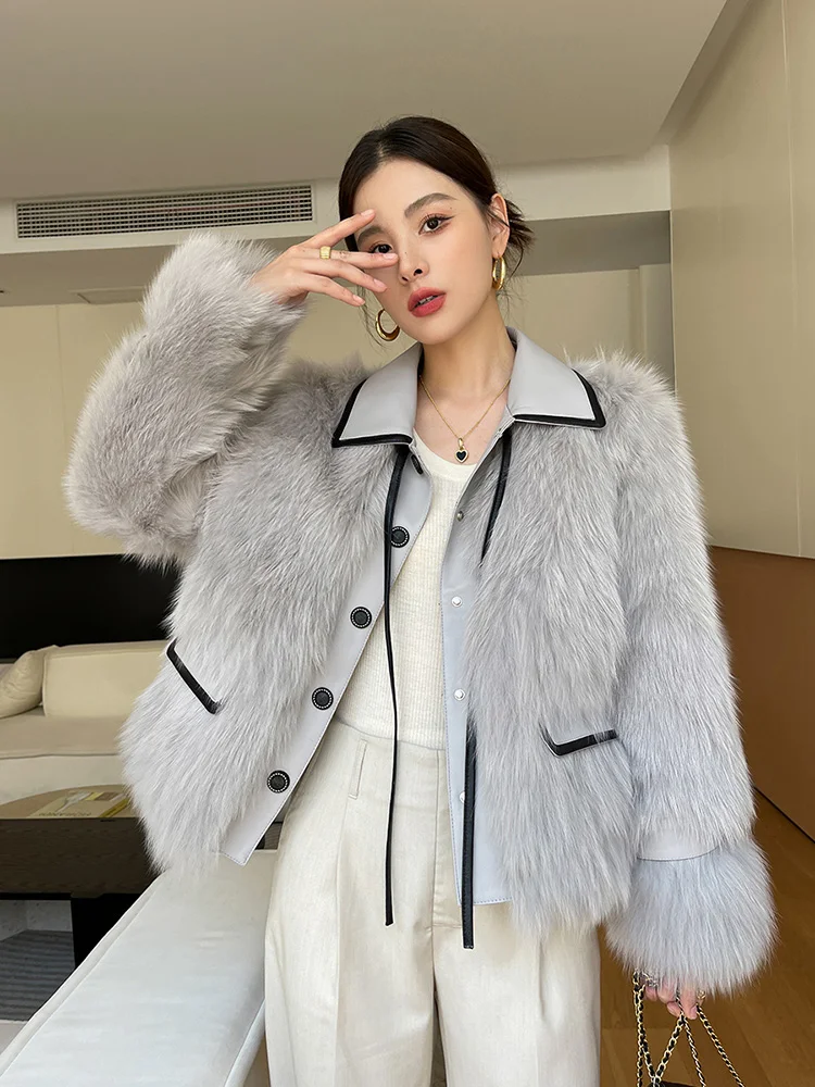 Women Real Fox Fur Coat Autumn Winter Elegant Small Fragrance Style Thick Warm Double-faced Fur Jacket Goose Down Liner Outewear