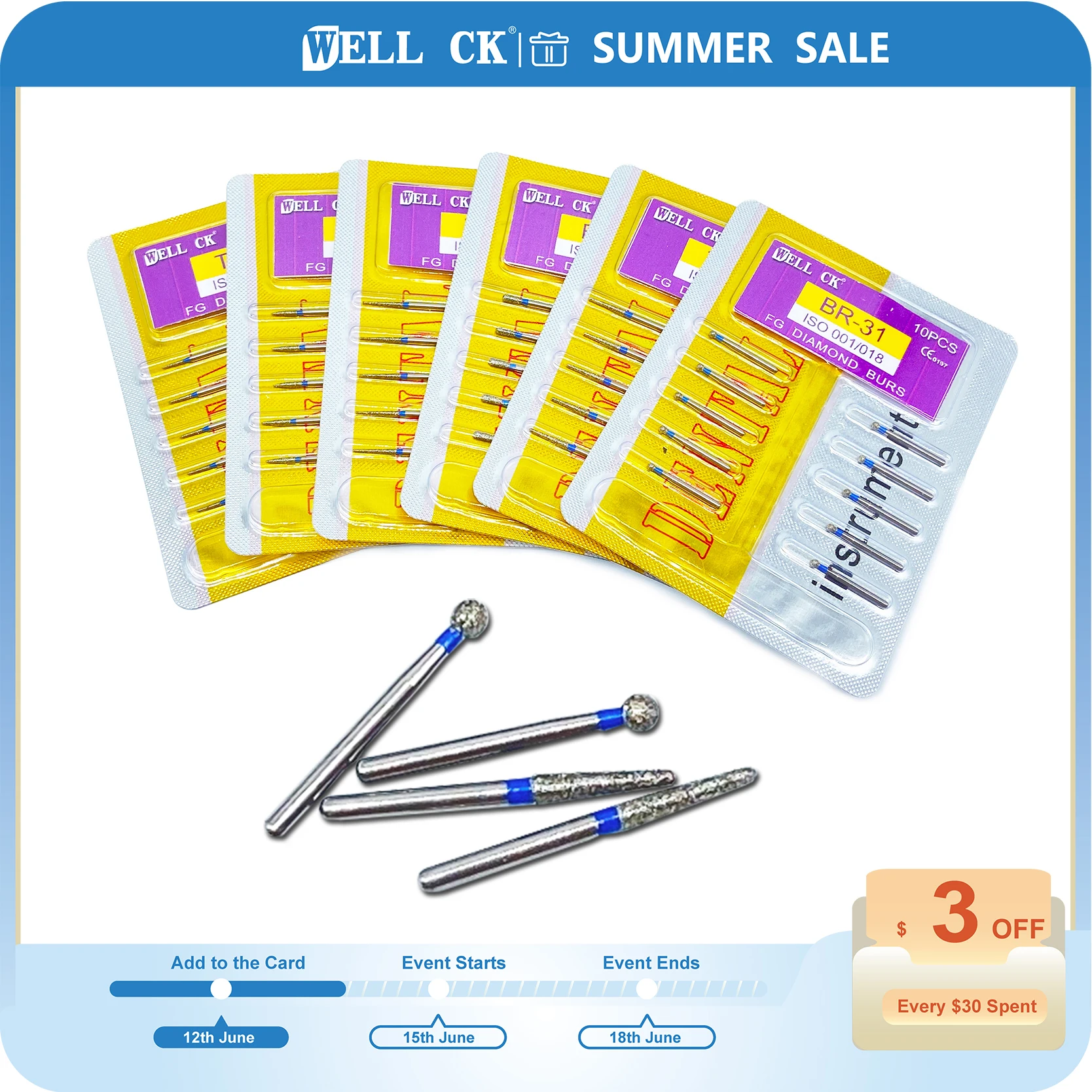 

WellCK Dental Diamond Bur FG Drills for High Speed Handpiece Polishing Whitening Tools Dental Burs for Teeth Whitening