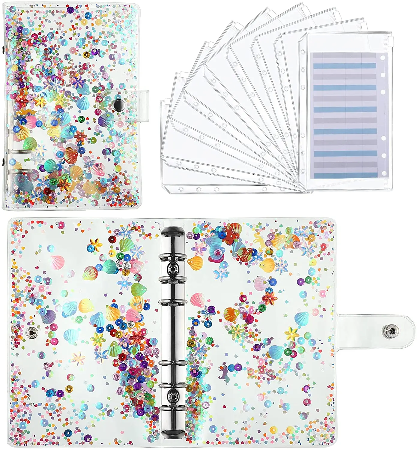 

A6 PVC 6-Ring Binder Soft PVC Notebook Cover Refillable Loose Leaf Folder with 10 Pieces A6 6 Holes Binder Zipper Folders