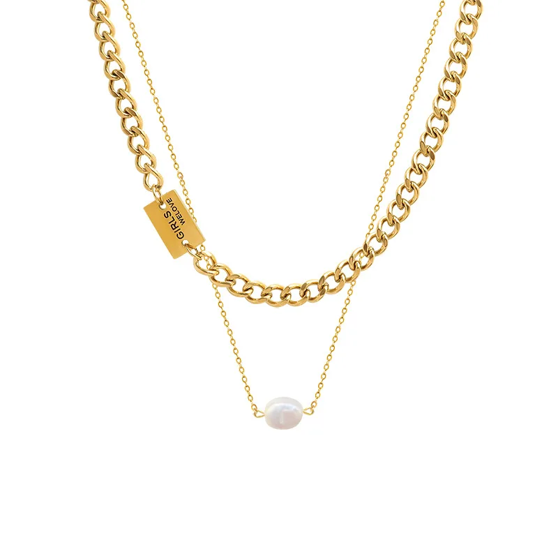 

The New Square/Pearl Double Layer Necklace Stainless Steel for Women Gold/Silver Plated Fashion Jewelry Gift Girls Favorite 2022
