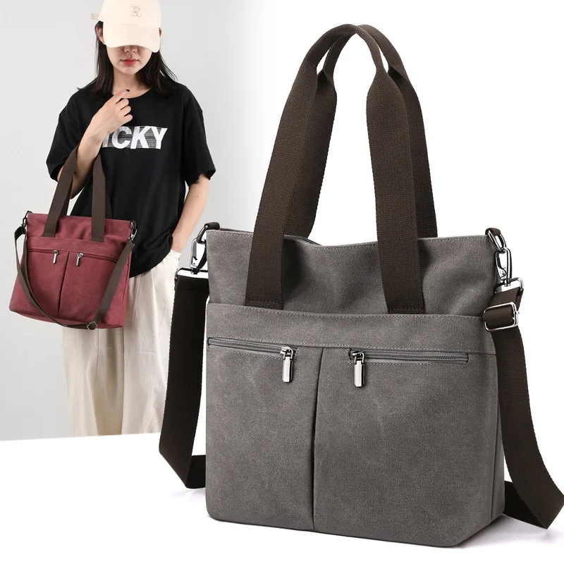 

Vintage Canvas Handbag Fashion Versatile Shoulder Bag Multi Pocket Unisex Large Capacity Crossbody Bag Simple Teenager Tote Bag