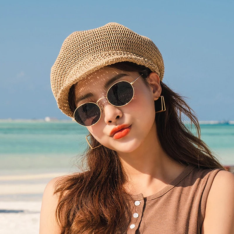 

2023 Octagonal Cap Straw Women Summer Thin Newsboy Cap Painter Adjustable Rope Knitted Beret Mesh Breathable Boinas Para Mujer