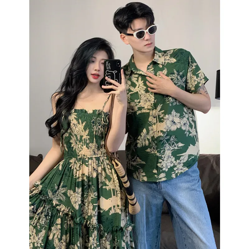 Семейная пляжная одежда для отдыха парная отпуска платье мамы и дочери зеленое