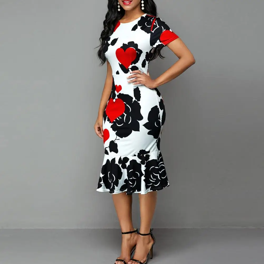 

Formal Bodycon Women Dress Elegant 3DPrinted Ruffles O Neck Short Sleeve Party dresses for Wedding Women Clothing 2022 White 5XL
