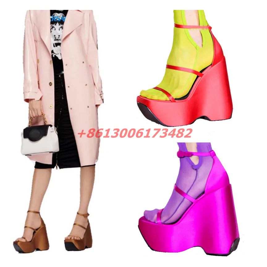 

New woman high Wedge platform Sandals woman bright silk Buckle Strap Square Open Toe high platform wedge sandal plus size