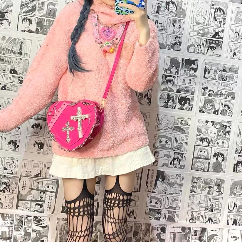 

Heart-shaped Gothic Shoulder Bags for Women Y2K Punk Rivet Personalized Cross Earth Cool Crossbody Bag Lolita Harajuku Purse