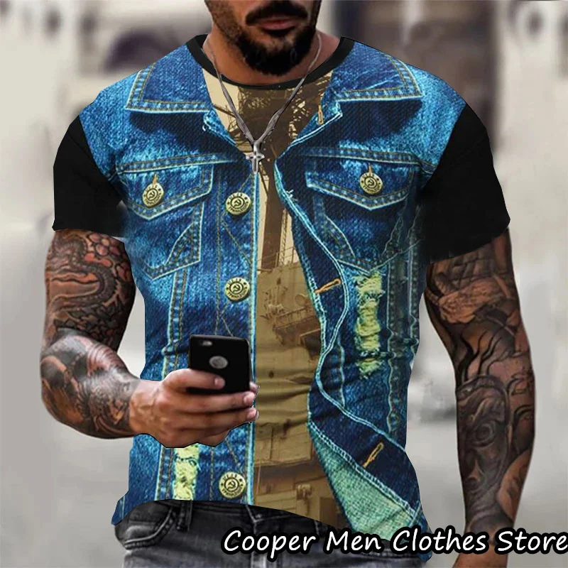 

Men's Summer Denim Print Suit Pattern T-Shirt Vintage Cosplay Uniform Tops Tees Male Funny Casual Clothing Oversized Streetwear