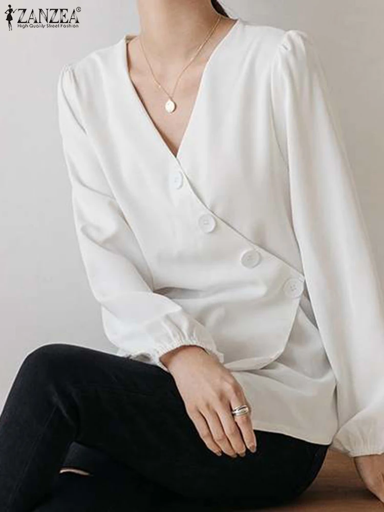 

Модная женская блузка ZANZEA, Офисная Повседневная рубашка, Дамская блузка с V-образным вырезом, туника, топы с асимметричными пуговицами, элегантные рабочие блузки большого размера