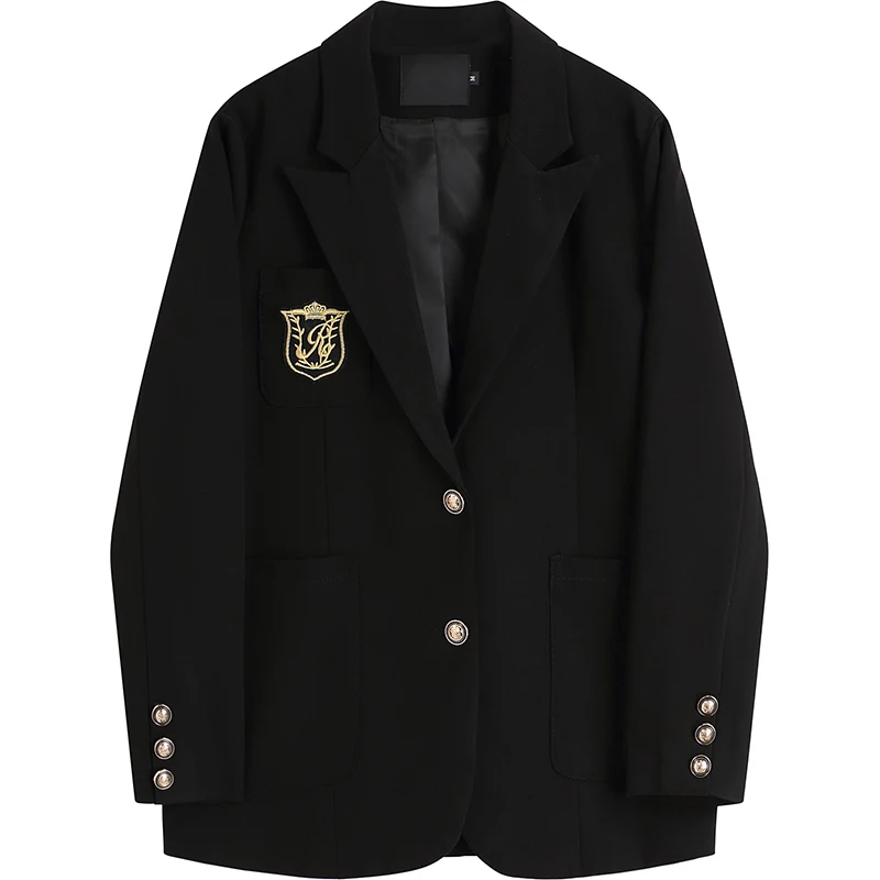 Женский костюм с эмблемой в стиле колледжа черная куртка на пуговицах весну и