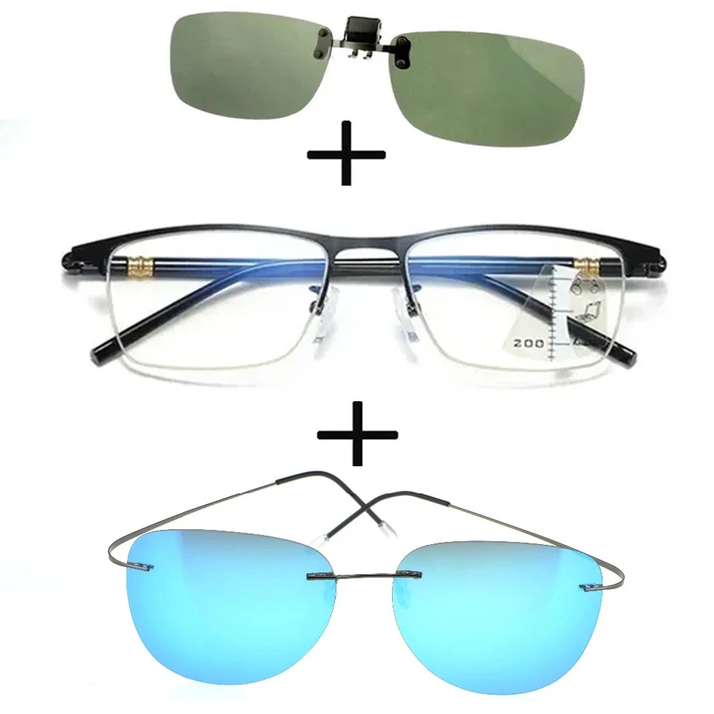 

3Pcs!!!rectangular Metal Black Business Reading Glasses Men Women + Polarized Sunglasses Sports Ultraligero + Sunglasses Clip