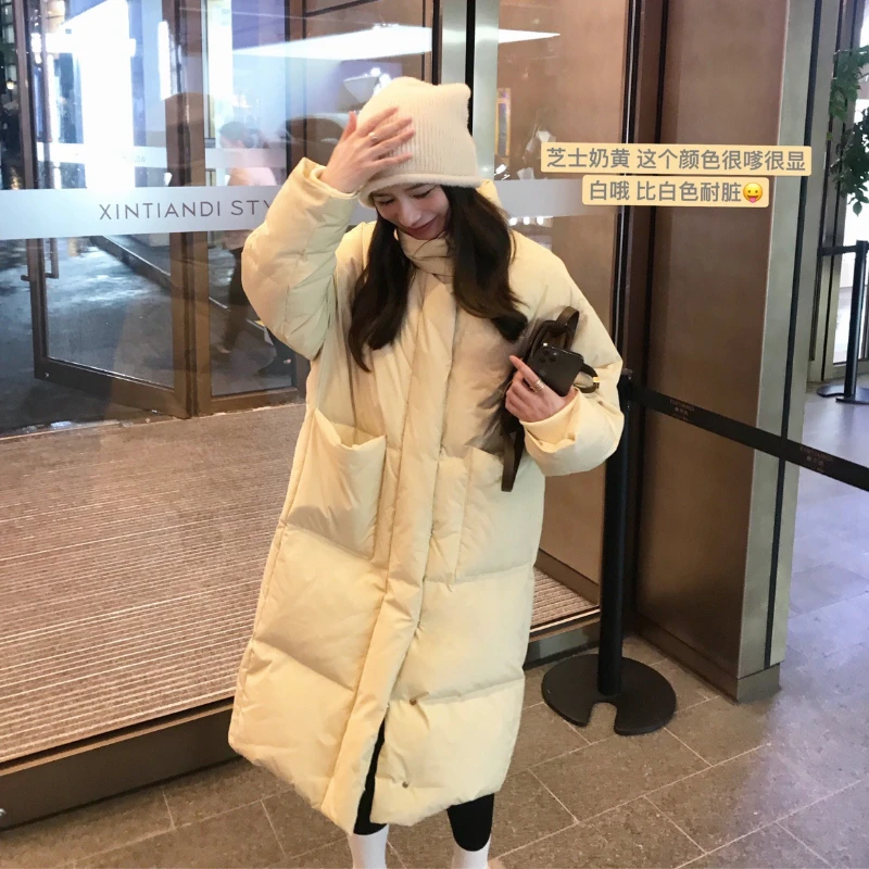 Winter Coat Women New Long Down Jacket Korean Version Thick Loose Solid Color Stand Collar White Eiderdown Bread Overcoat