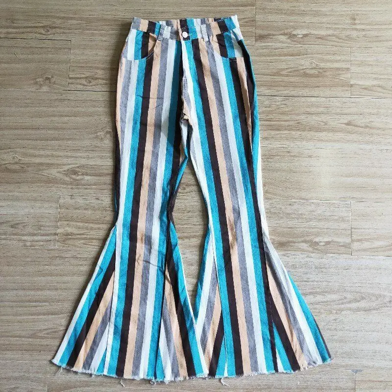 

RTS Boutique girls jeans autumn winter kids clothes stripe design button with pockets bell-bottom pants hot sale pants wholesale