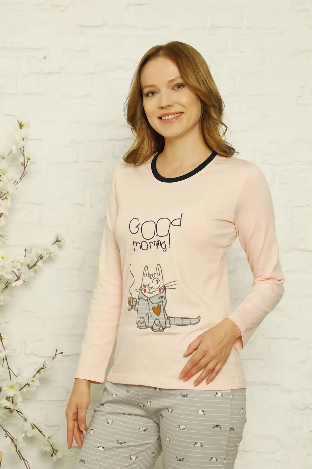 

Women's Pajamas Cotton embroidery Coffee Cat Combed Cotton Sleep Lounge Pajamas Nightwear Nightwear Nightwear Nightwear