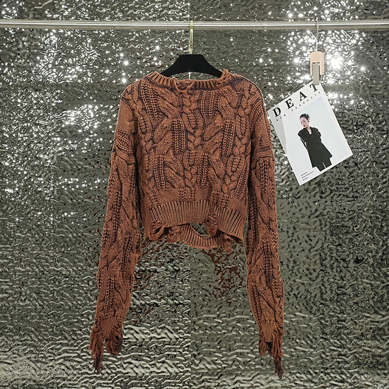 Женский вязаный свитер с вырезами DEAT Свободный пуловер в стиле High Street круглым