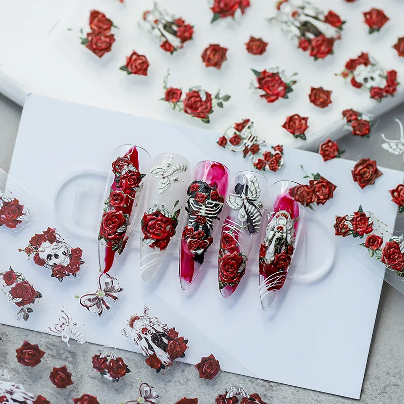 1 Sheet Blood Rose Nail Sticker Flower Nail Art Decorations 3D Adhesive Nail Stickers Cute Red Rose Flower Decals for Decorate