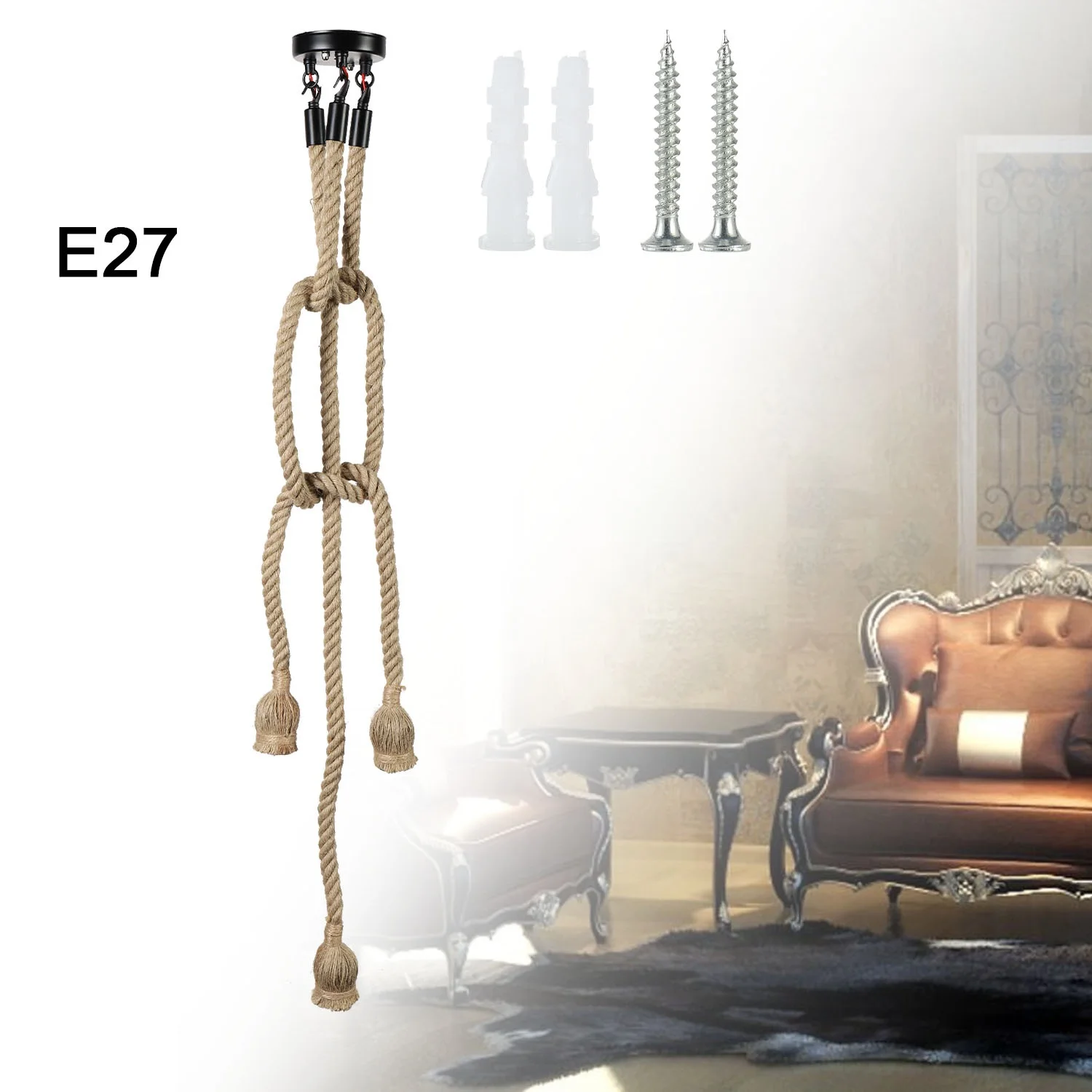 

1M Industrial Chandelier E27 3 Head LED Retro Hemp Rope Ceiling Lamp Without Light Bulb Living Room Kitchen Ceiling Accessories