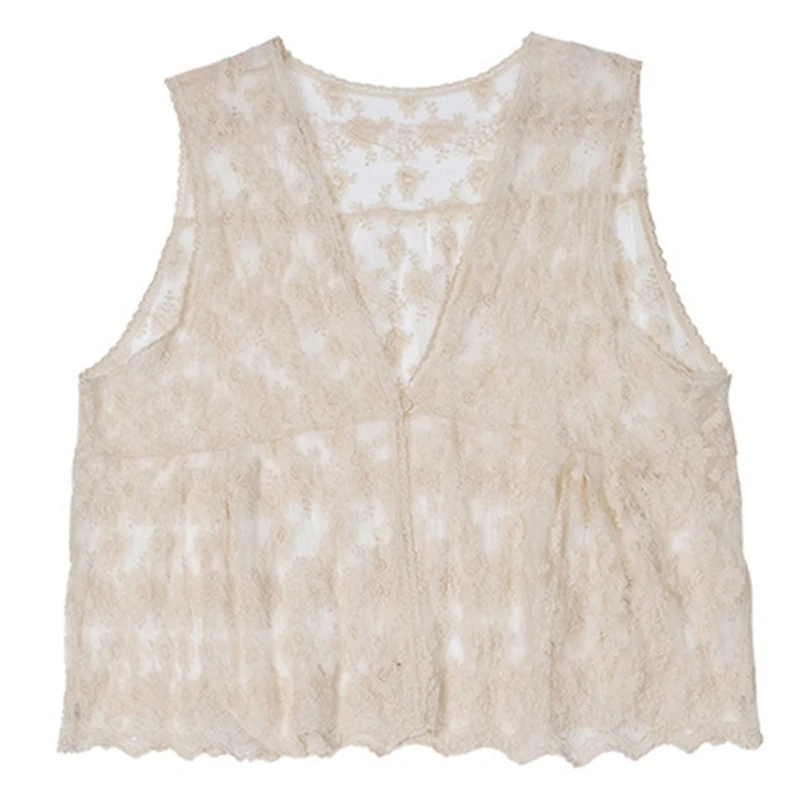 

Sweet Style Spring Women Girl Lace Vest V Collar Sleeveless Solid Color Embroidery Waistcoat Lightweight Clothes