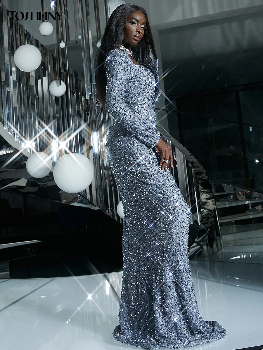 Длинное платье-Русалка с длинным рукавом блестками и V-образным вырезом
