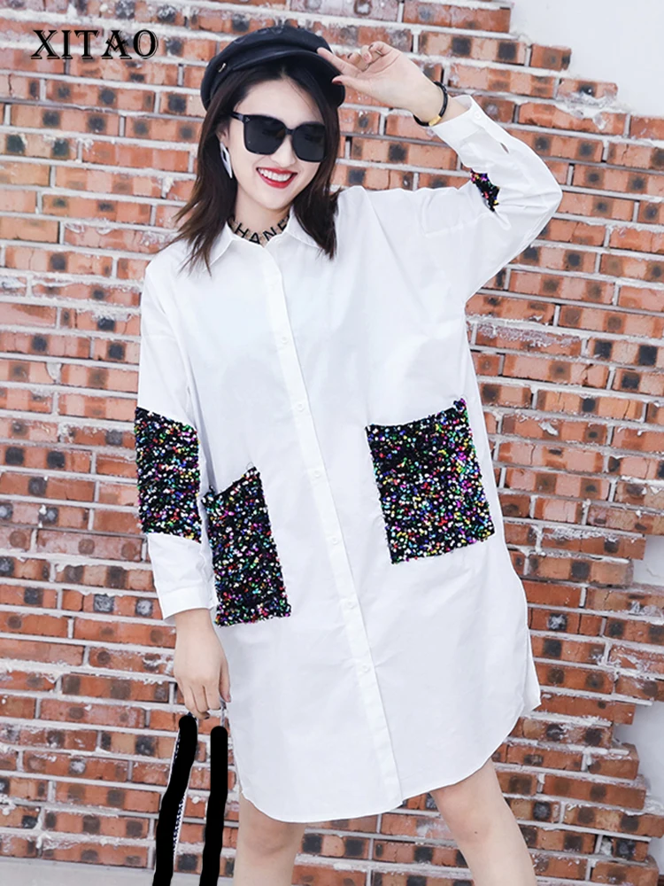 

XITAO Sequins Patchwork Casual Shirt Women Fashion New Style Turn Down Collar Single Breasted Side Split Personality ZY3779