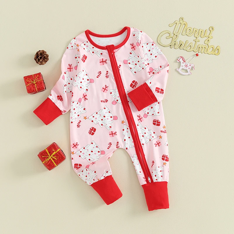 

Newborn Baby Boy Girl Christmas Jumpsuit Long Sleeve Christmas Tree Santa Print Zipper Romper Fall Winter Outfit