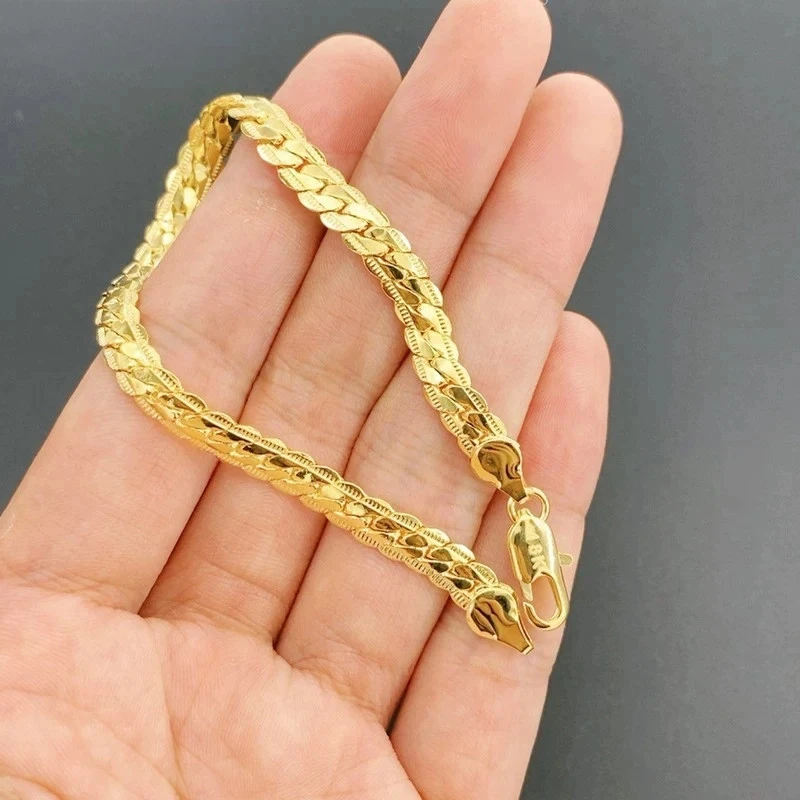 Купи 8 Inch 18K Gold Bracelet 5MM Sideways Chain Bracelet For Woman Men Fashion Wedding Engagement 925 Sterling Silver Jewelry за 169 рублей в магазине AliExpress