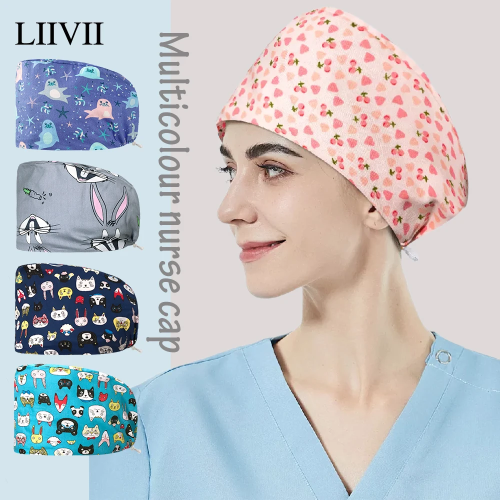 

Nurse Hat For Women Men Beauty Salon Print Scrubs Hats Pharmacy Bonnet Caps Lab Pet Doctor Surgicals Cap Dentist Vet Frosted Cap