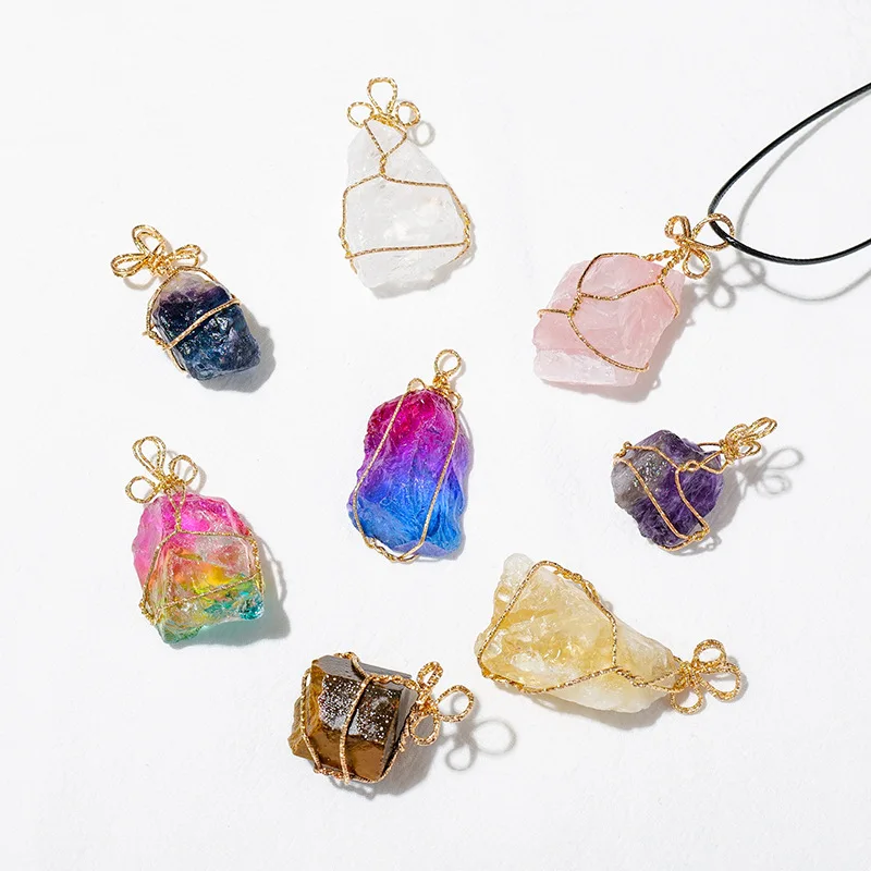 

Natural Crystal Raw Stone Gold Wire Hand Woven Mesh Bag Pendant Crystal Ore DIY Pendant Home Decoration Fashion Trend Pendant