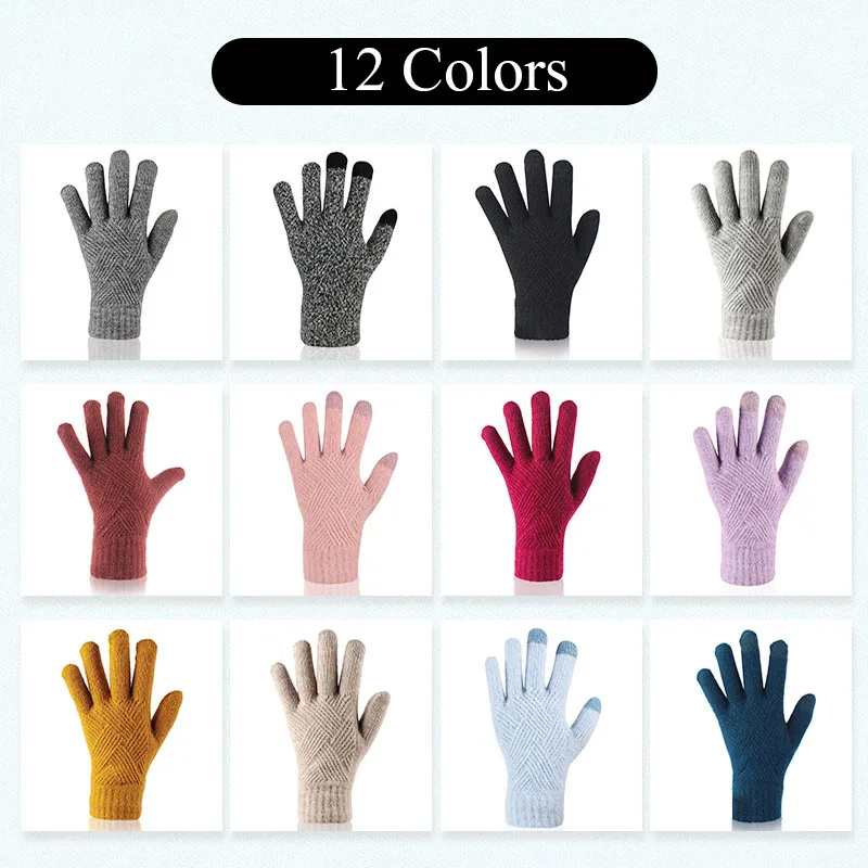 

Female Winter Warm Knitted Full Finger Gloves Men Solid Woolen Screen Mittens Women Thick Warm Cycling Driving Gloves