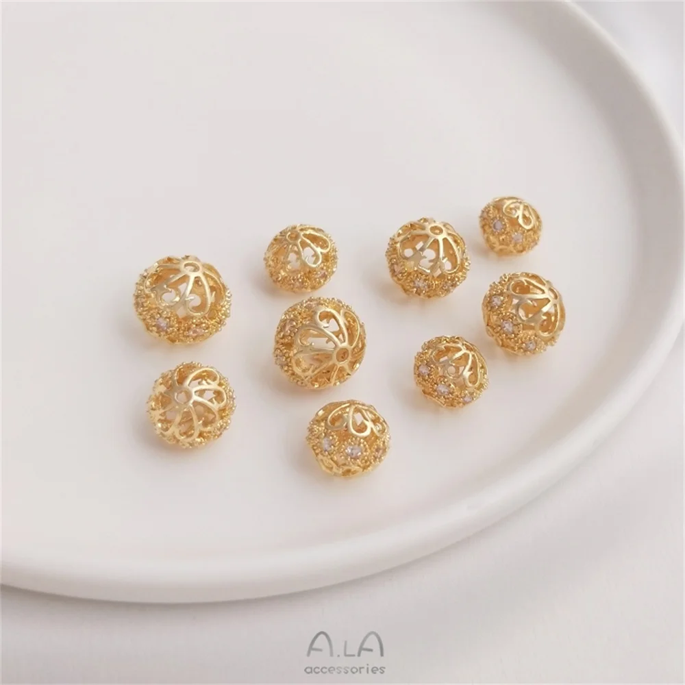 Купи 14K gold inlay zirconia flower ball spacer beads handmade diy flower shaped round ball loose beads bracelet jewelry with beads за 73 рублей в магазине AliExpress