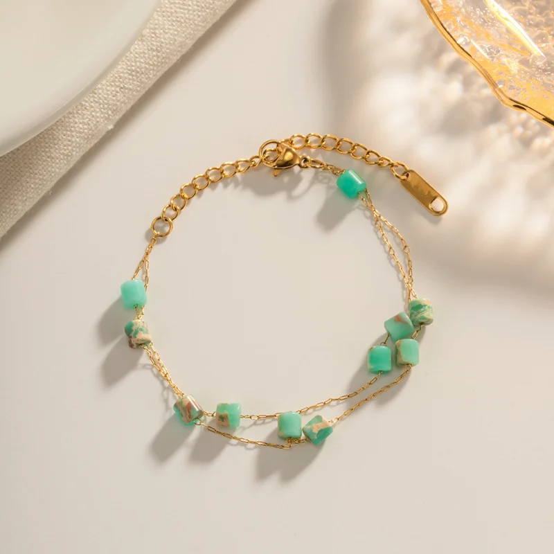 

Minar 2023 New Arrival Green Blue Color Square Natural Stone Cube Strand Bracelets Women Stainless Steel Double Layered Bracelet