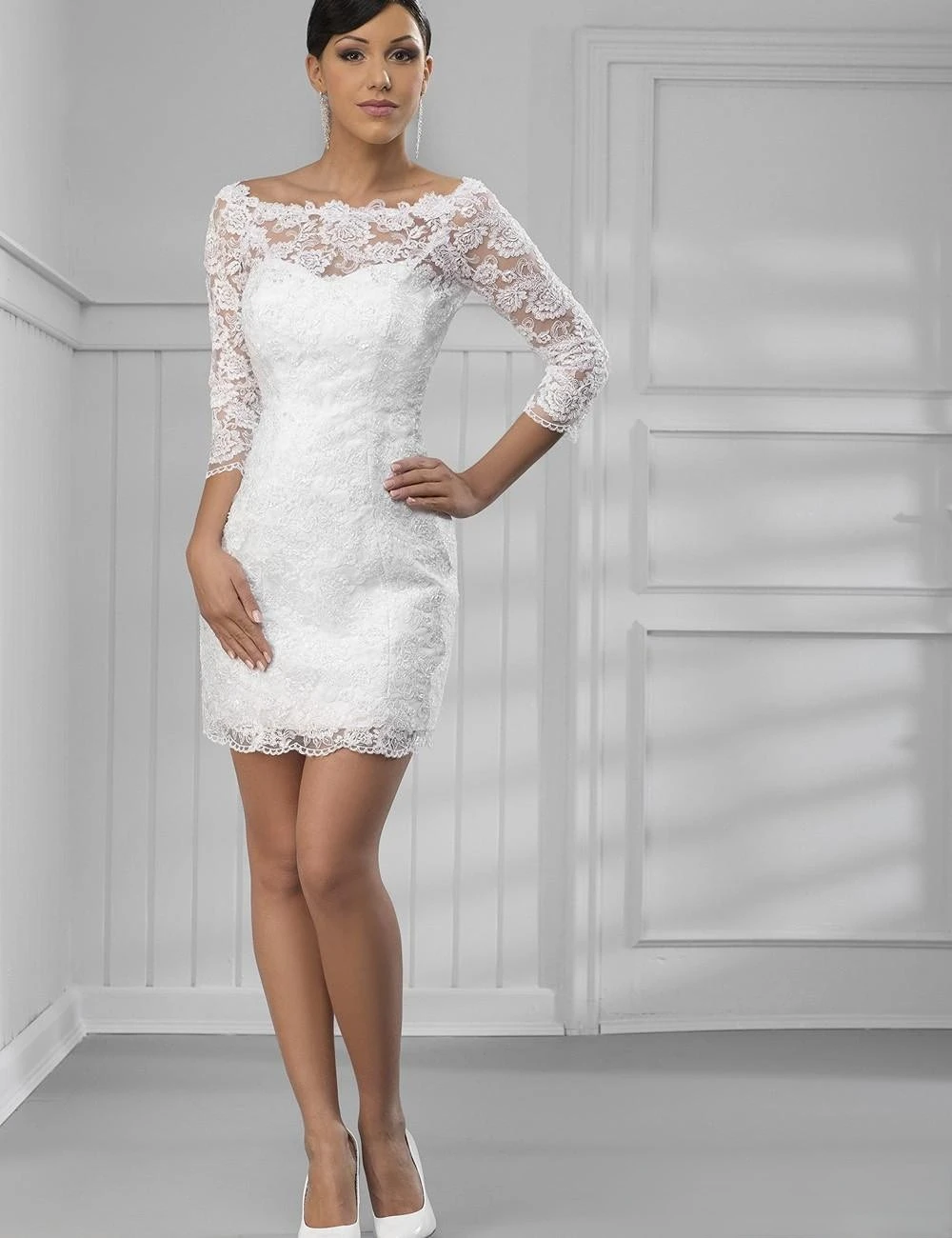

Short Lace Wedding Dresses With Detachable Skirt Scoop Neckline 3/4 Long Sleeve Sheath Bridal Gowns Vestidos De Novia