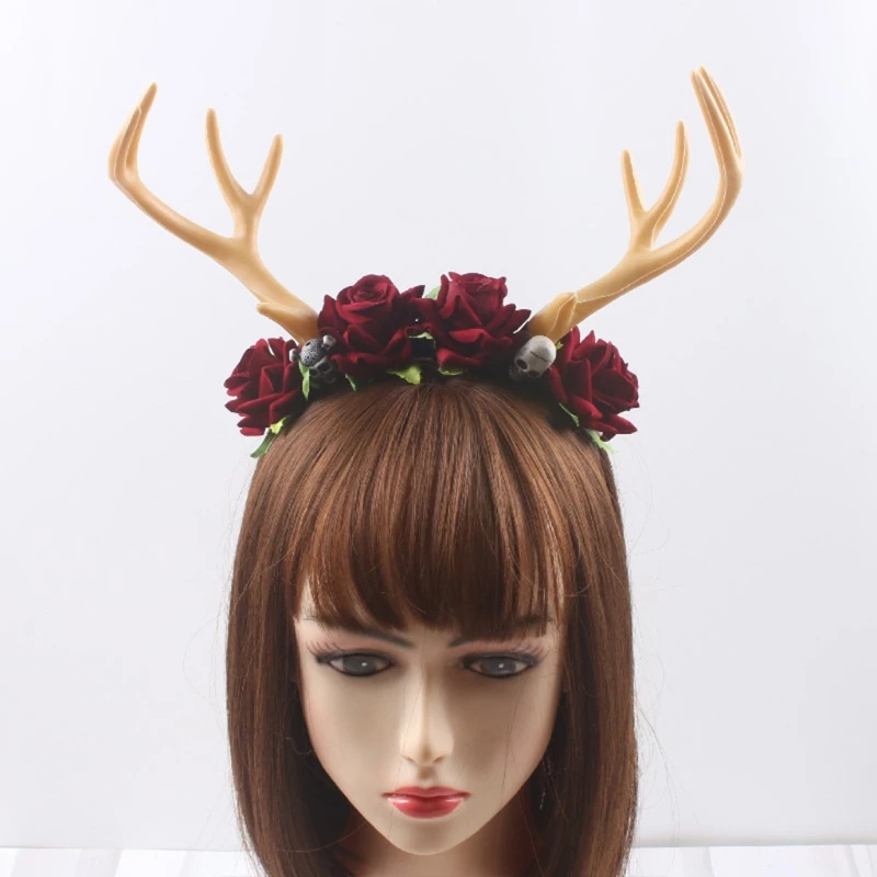 

Deer Horn Flower Skull Headband Cosplay Headwear Halloween Party Wear Antler Hair Band Gothic Headpiece Party Drop Shipping
