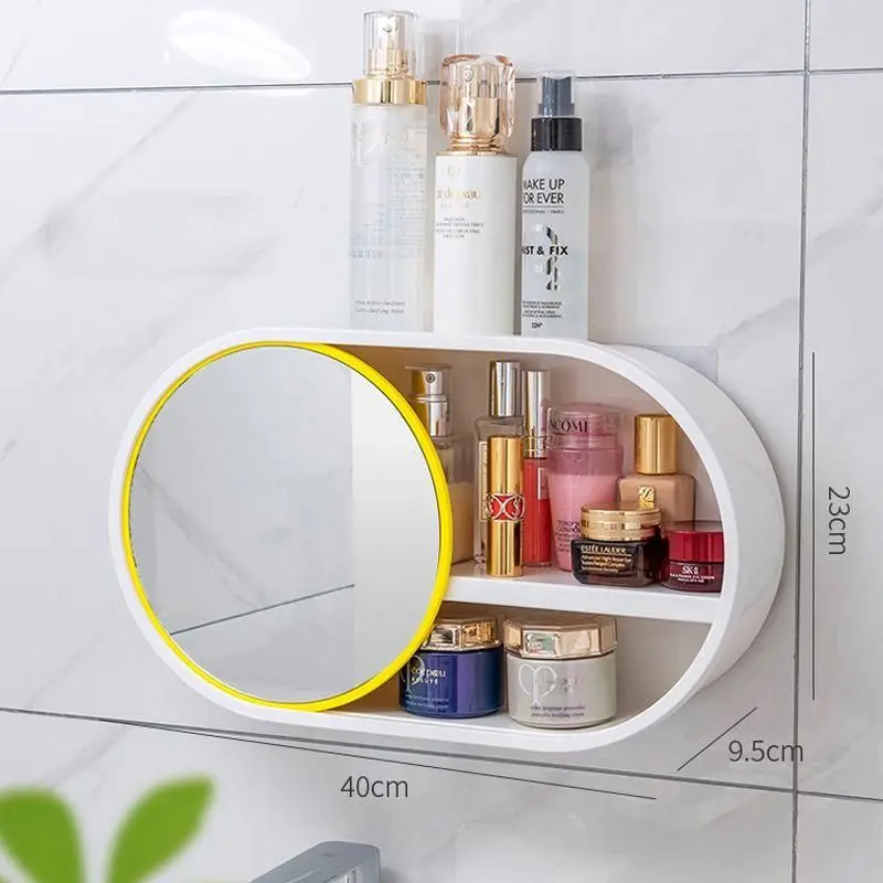 Waterproof Cosmetic Storage Box Wall-mounted Bathroom Beauty Makeup Organizer with Mirror Traceless skincare organizer |