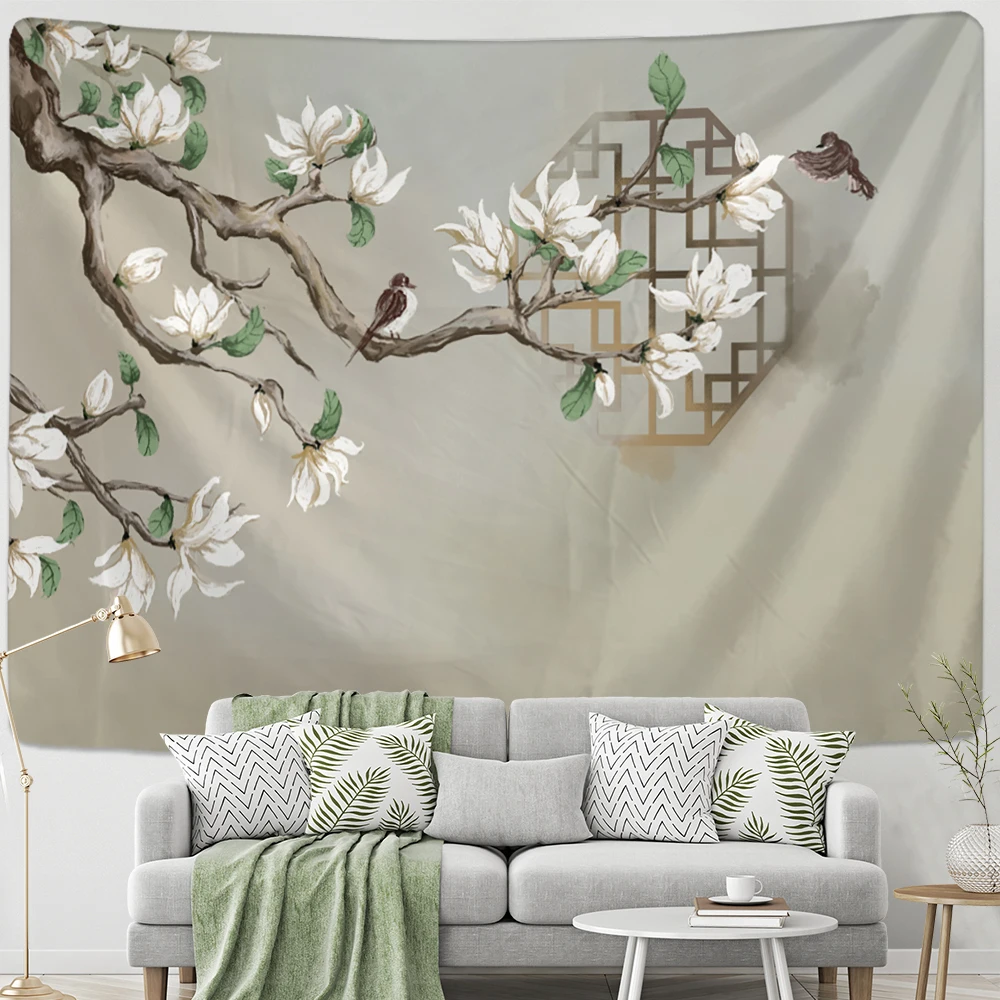 

Flower And Bird Ink Painting Tapestry Wall Hanging Antique Hippie Tapiz Aesthetic Room Home Decor Background Cloth