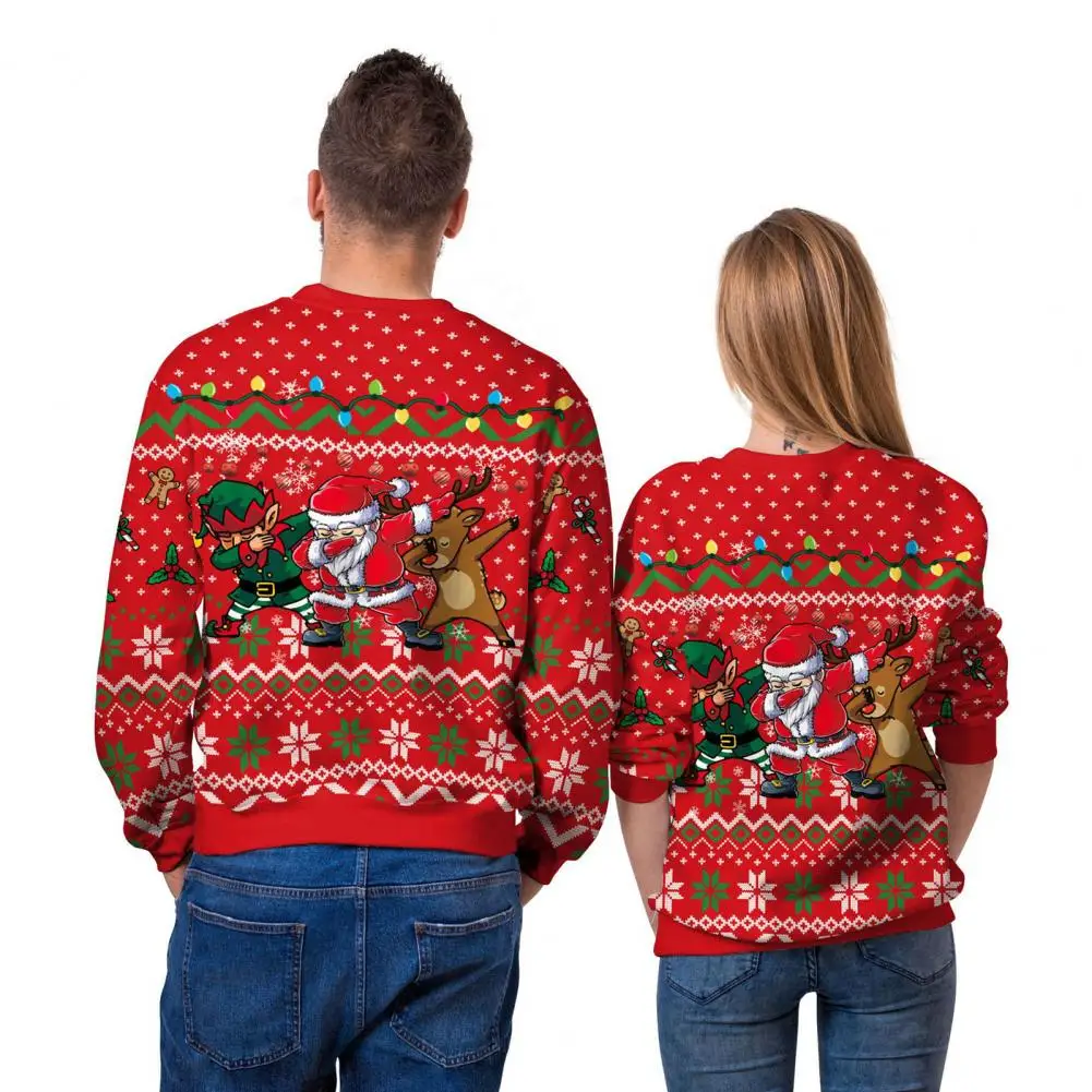 

Chic Xmas Sweatshirt Unisex Couple Christmas Sweatshirt Christmas Print Elastic Cuff Elk Winter Sweatshirt Warm