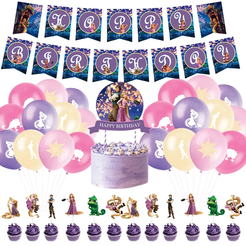 

Rapunzel Theme Girls Birthday Decoration Set Happy Birthday Banner Cake Toppers Balloons Princess Party Supplies Baby Shower
