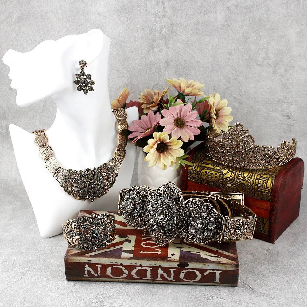 

Neovisson Chic Crystal Algeria Morocco Wedding Jewelry Sets Retro Gold Color Earring Necklace Bangle Crown Belt Bridal Bijoux