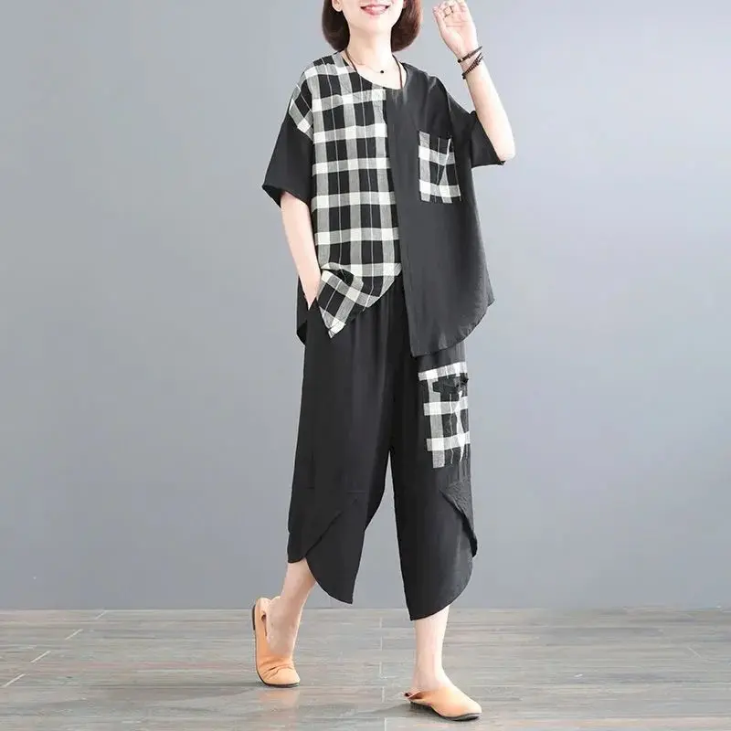 

Casual Tshirt Sets Women Plaid Print Stitching Suits Summer Korean Large Size Loose Fashion T-shirt Wide Leg Pants Two Piece Set